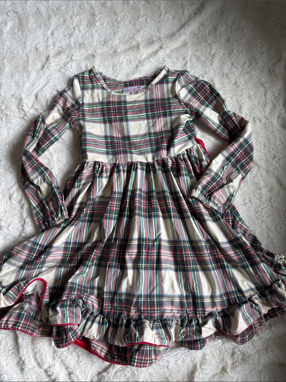 Girl August dress sz 6 Girls Plaid Long-Sleeve Ruffle Hem Dress - Cream & Red